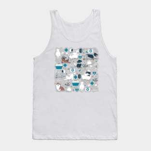 Veterinary medicine, happy and healthy friends // grey background turquoise details navy blue white and brown cats dogs and other animals Tank Top